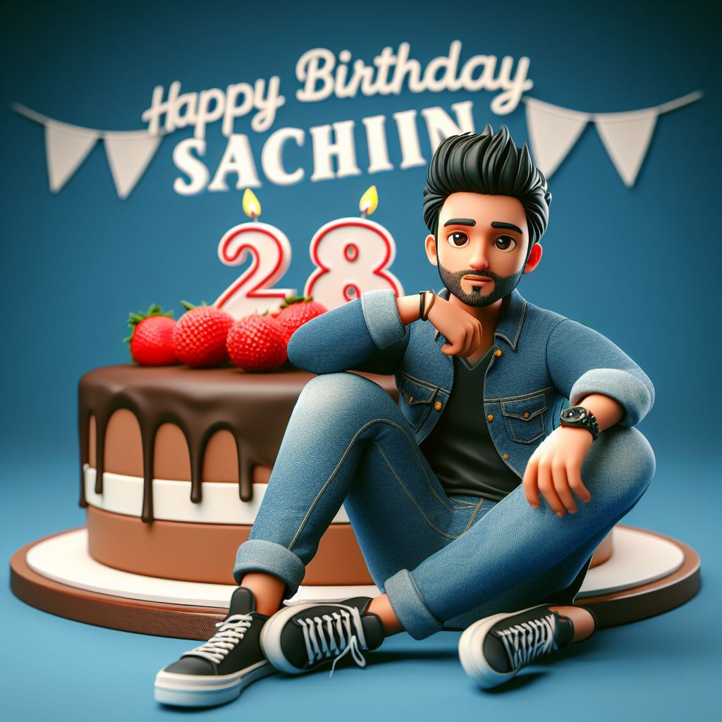 3D illustration of a mansitting casually on front of a cake, Birthday ...